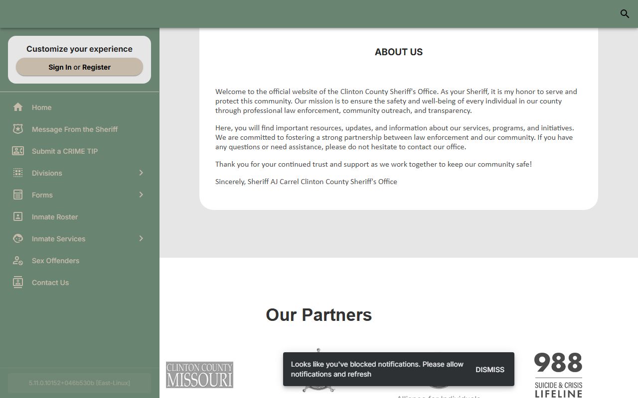 Clinton County inmate population sheriff message page